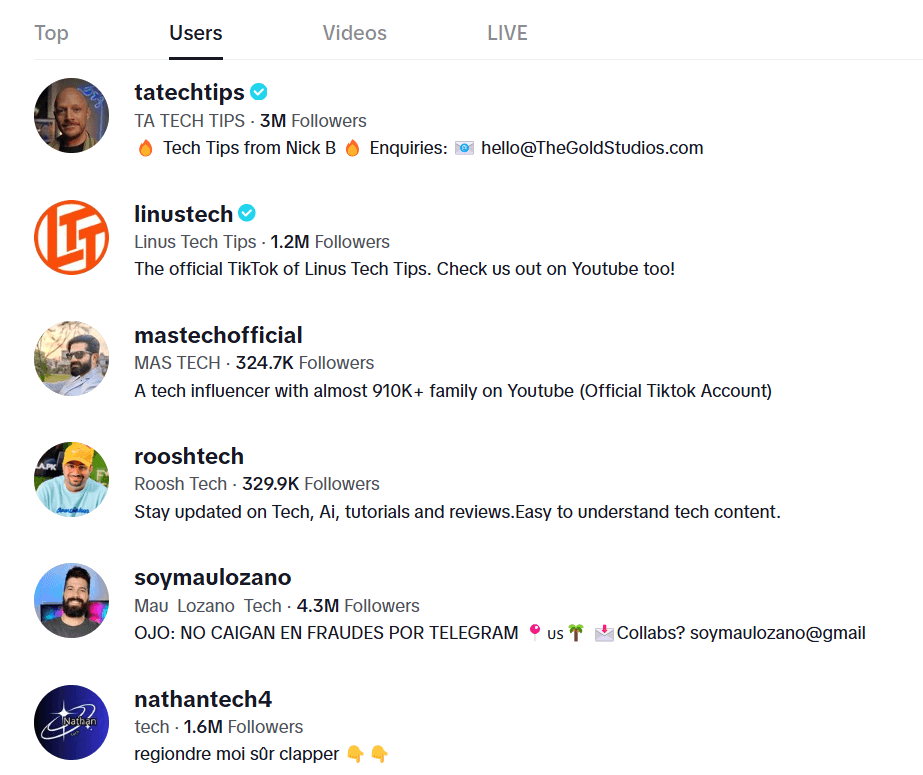 Screenshot of TikTok Tech and Innovation Accounts