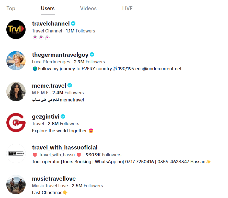 Screenshot of TikTok Travel and Adventure Accounts