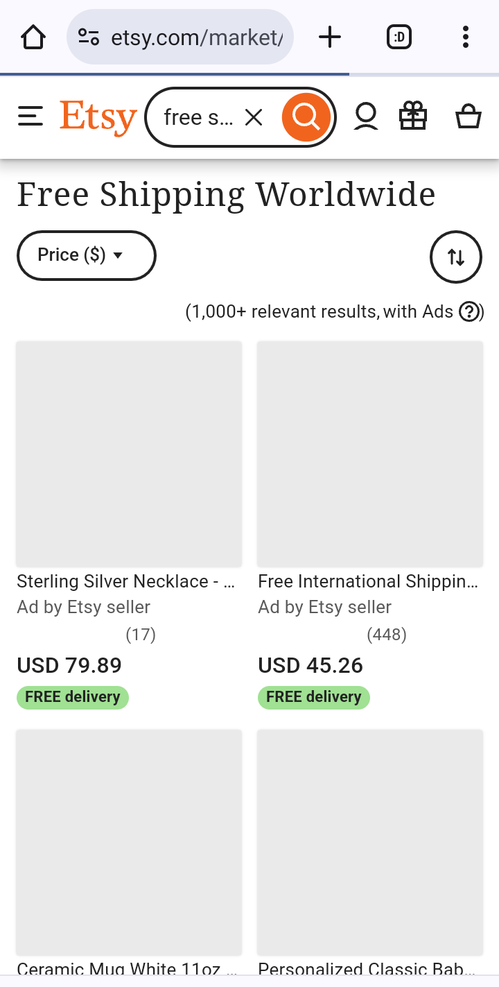 A snapshot of Etsy offering global free shipping