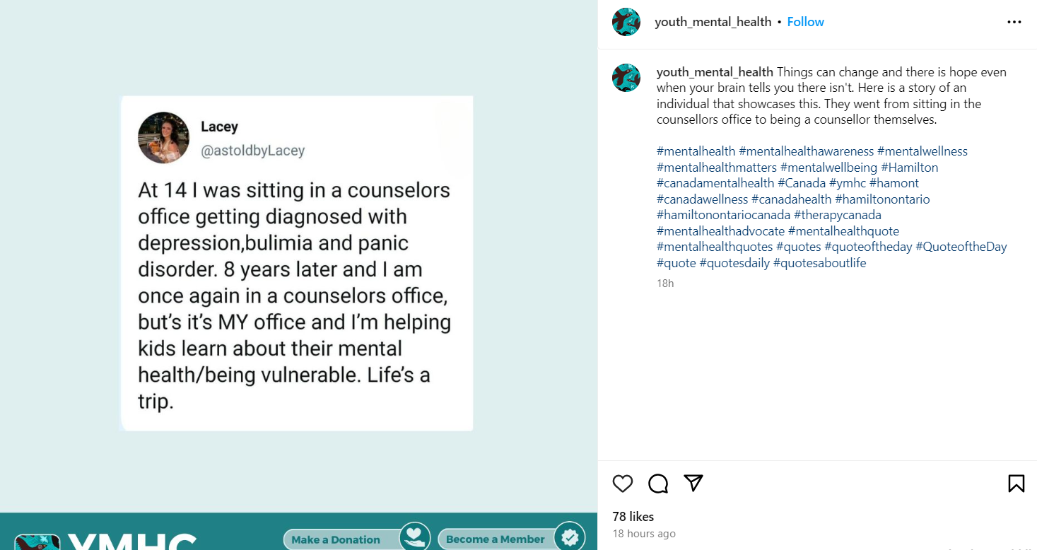 Youth Mental Health Canada using inspirational quotes on Instagram.