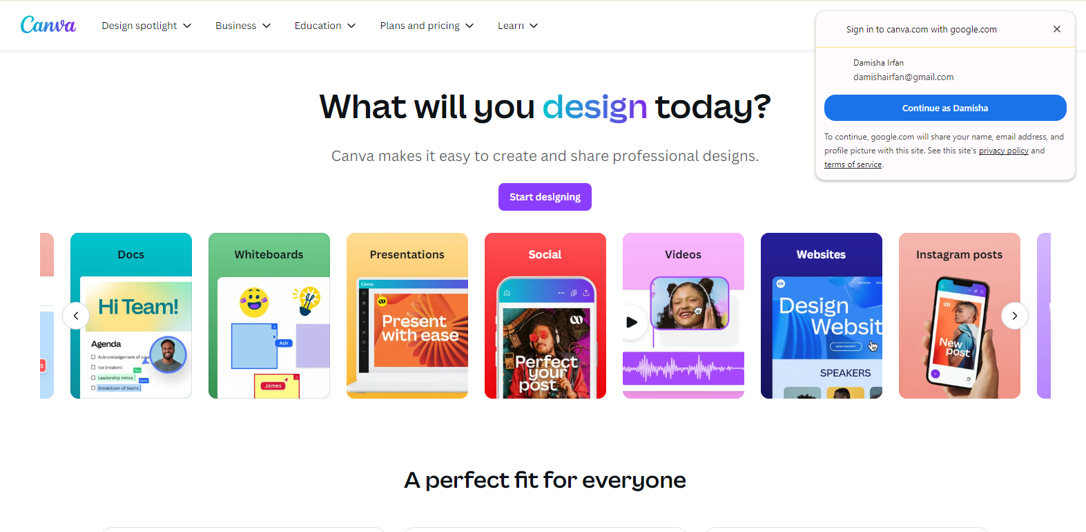 Canva's homepage