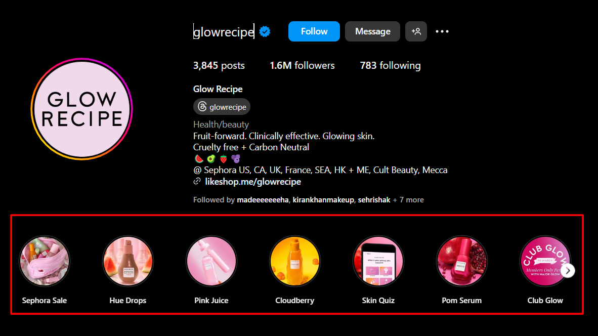 A snapshot of Instagram highlights by Glow Recipe