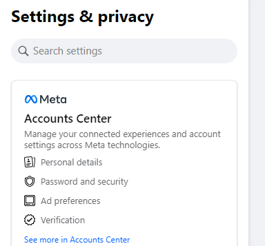 selecting account center on Meta