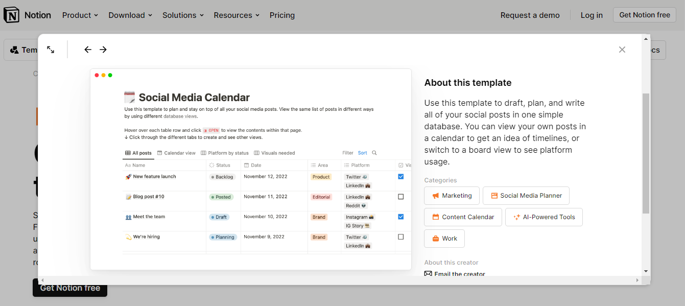 Notion' social media calendar template