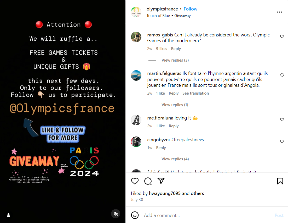 A giveaway post by Olympics 2024