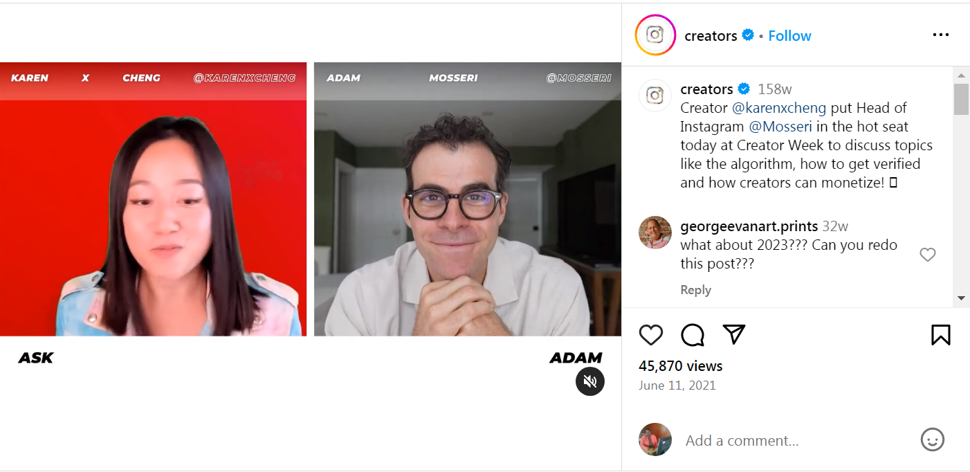 A post by creators featuring an interview with Adam Mosseri, the Head of Instagram.