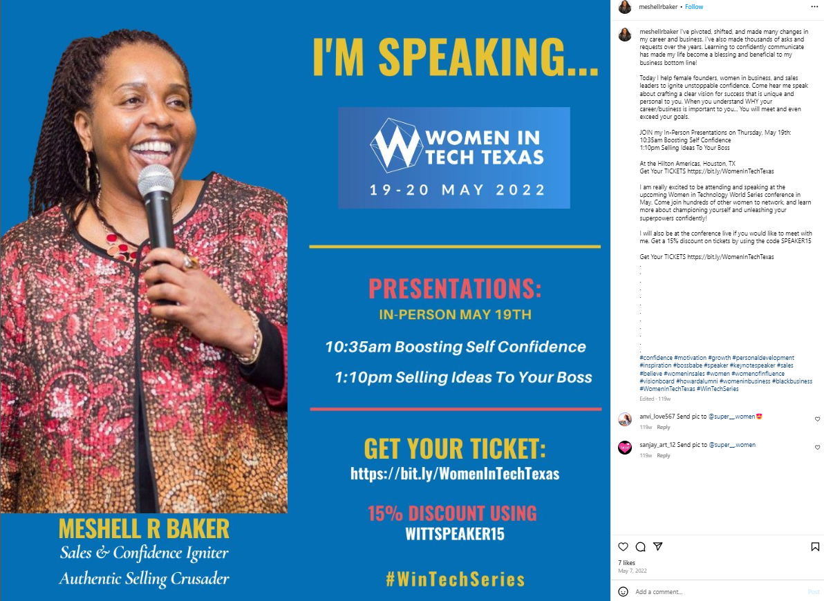 An Instagram post using #WinTechSeries, a hashtag started for the Women In Tech Texas event.