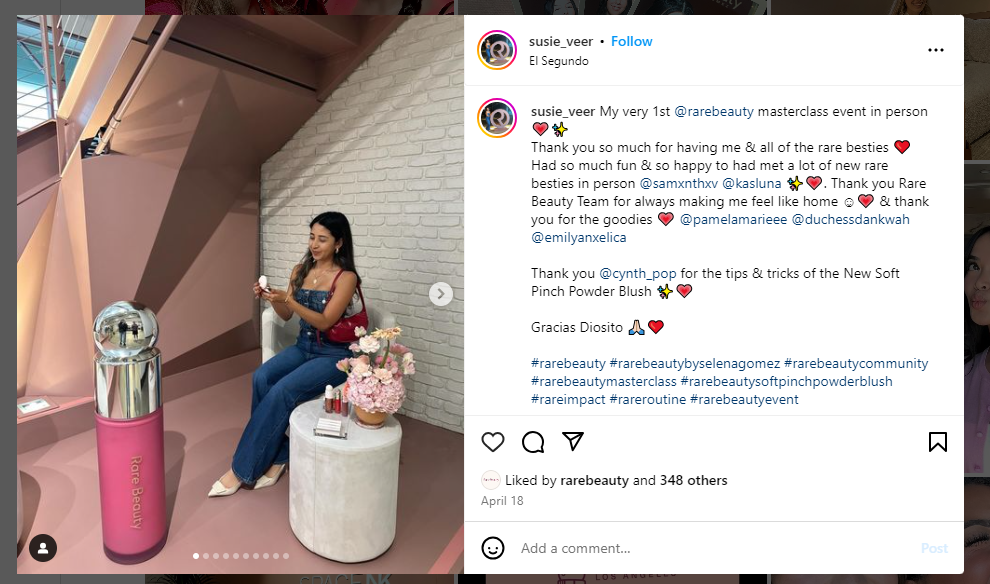 An example of an influencer partnership is at a Rare Beauty masterclass event.