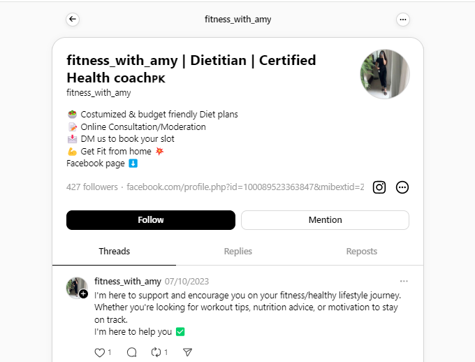 An optimized Threads profile of a fitness trainer fitness_with_amy