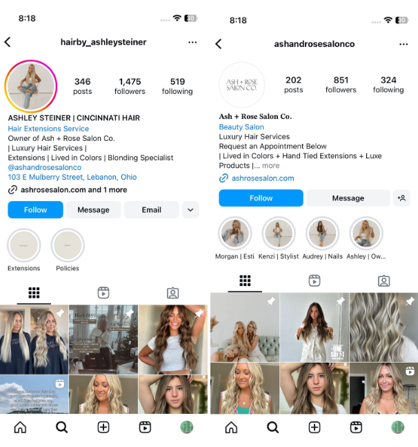 Ashley Steiner (an influencer) has separate business and personal accounts on Instagram