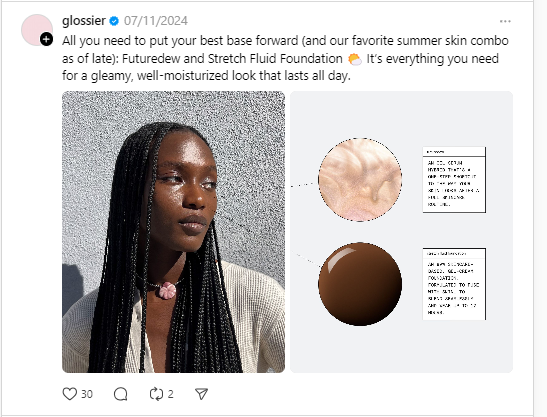 Glossier's product promotions on Threads