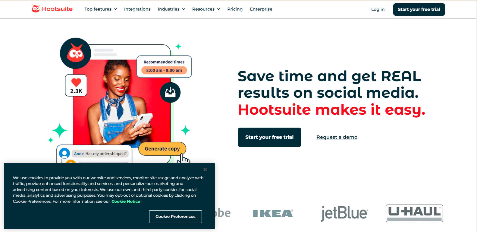 Hootsuite's landing page