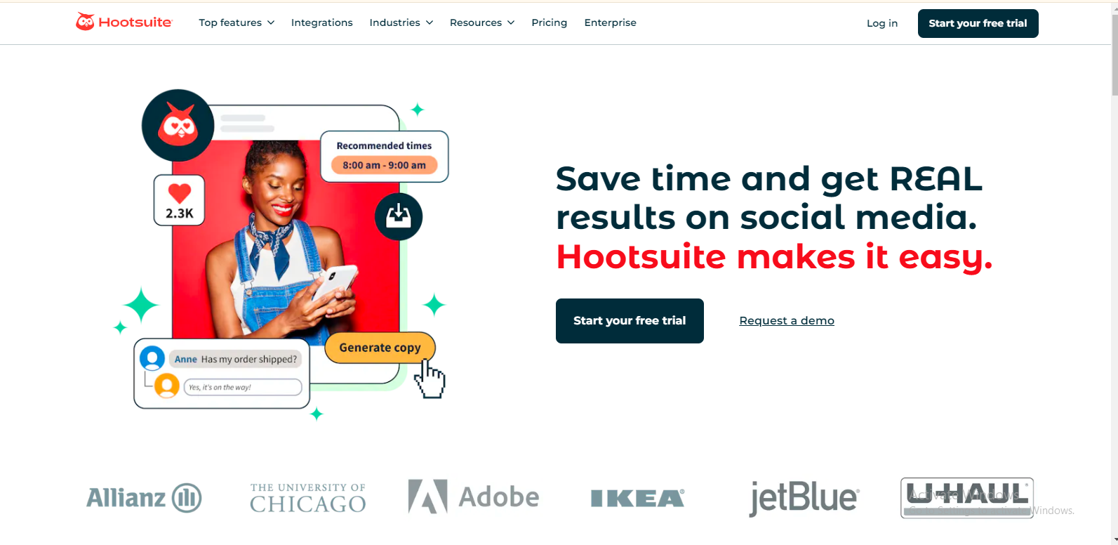 Hootsuite's landing page