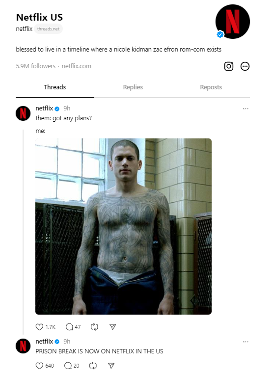 Netflix US using a two-part Threads post to announce a new series on the platform.