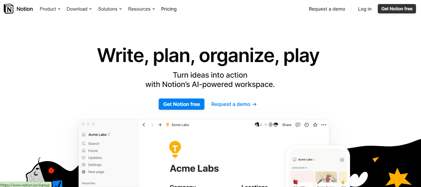 Notion's landing page