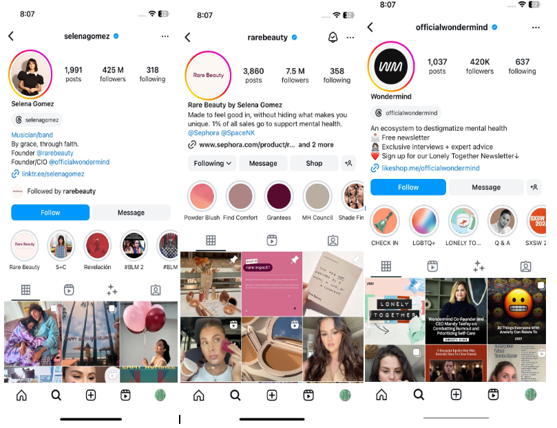 Selena Gomez's three Instagram accounts targeting different audiences.