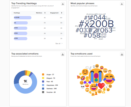 Social Champ's analytics of trending hashtags, popular phrases, associated emotions, and emoticons used.