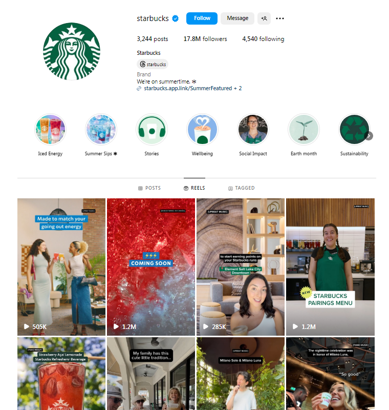 Starbucks' Instagram grid showcasing the frequently posted Reels.