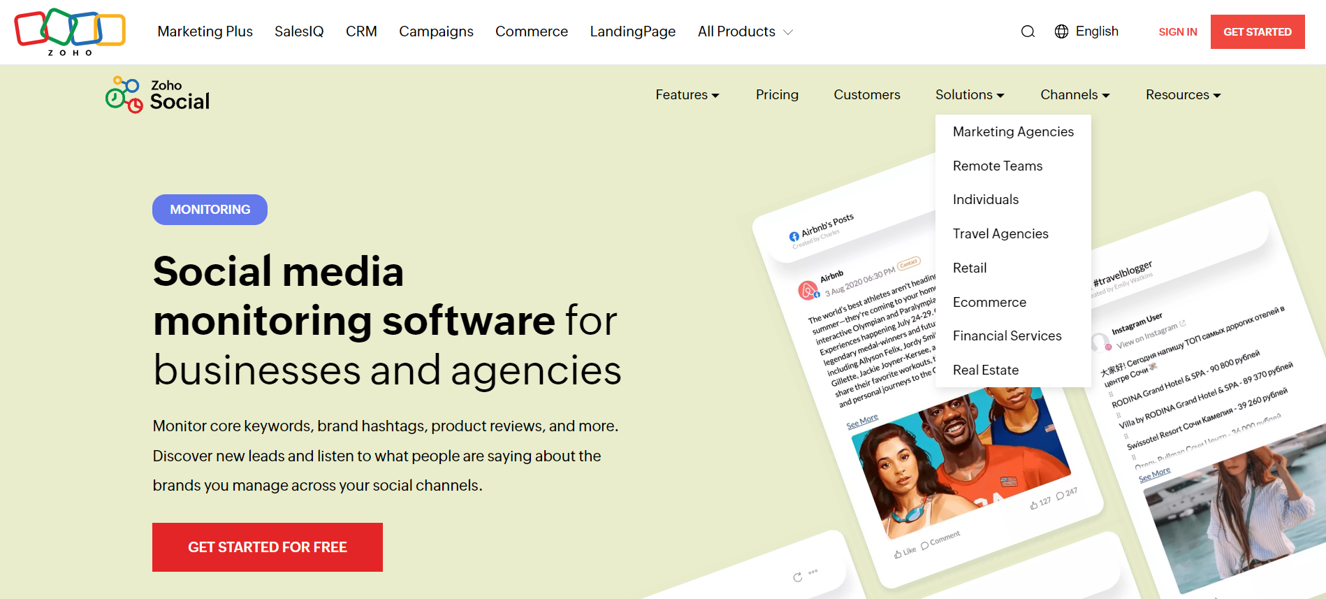 Zoho Social for social monitoring-landing page