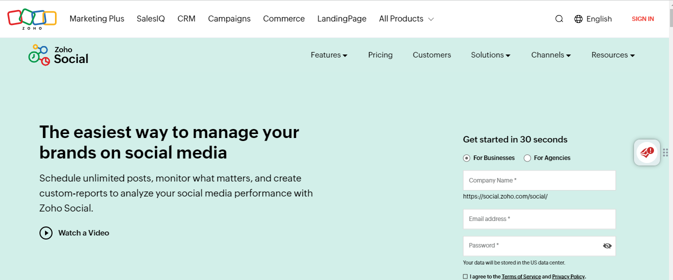Zoho Social's website