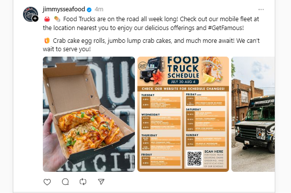 A Threads post by Jimmysseafood, showcasing food and schedule.