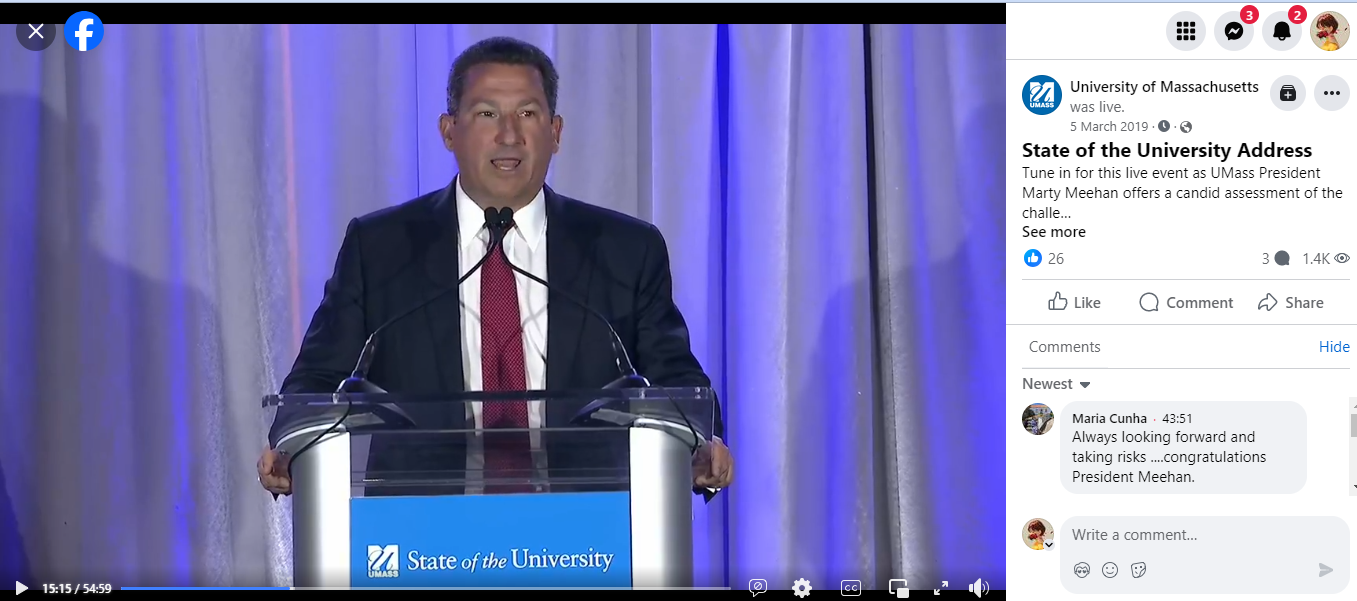 A live streaming session of the State of the University Address by University of Massachusetts