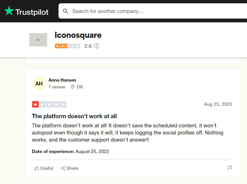 A review of Iconosquare on Trustpilot