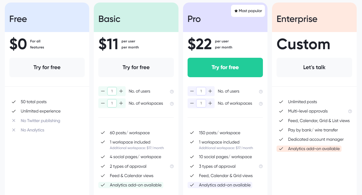 A snapshot of Planable's pricing