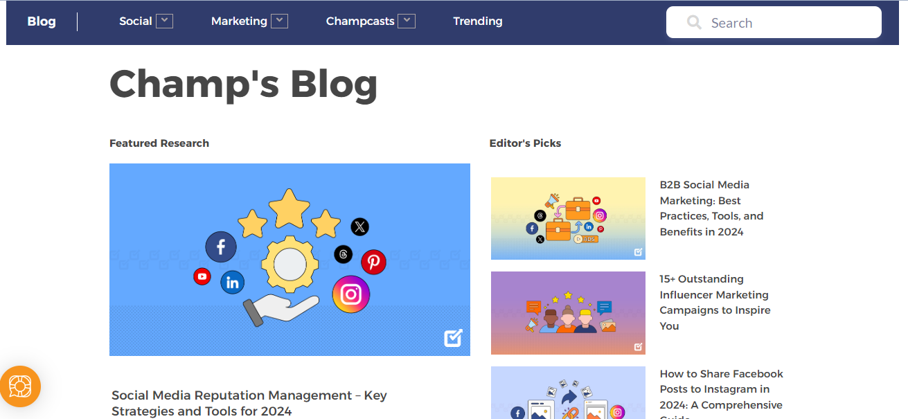 A snapshot of Social Champ's blog page