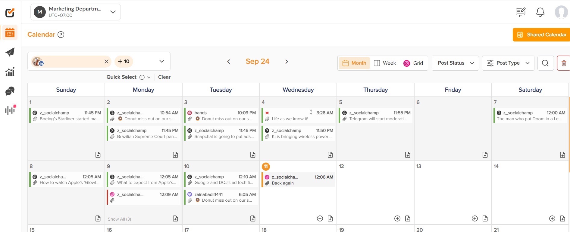 An automated content calendar for social media posts on Social Champ