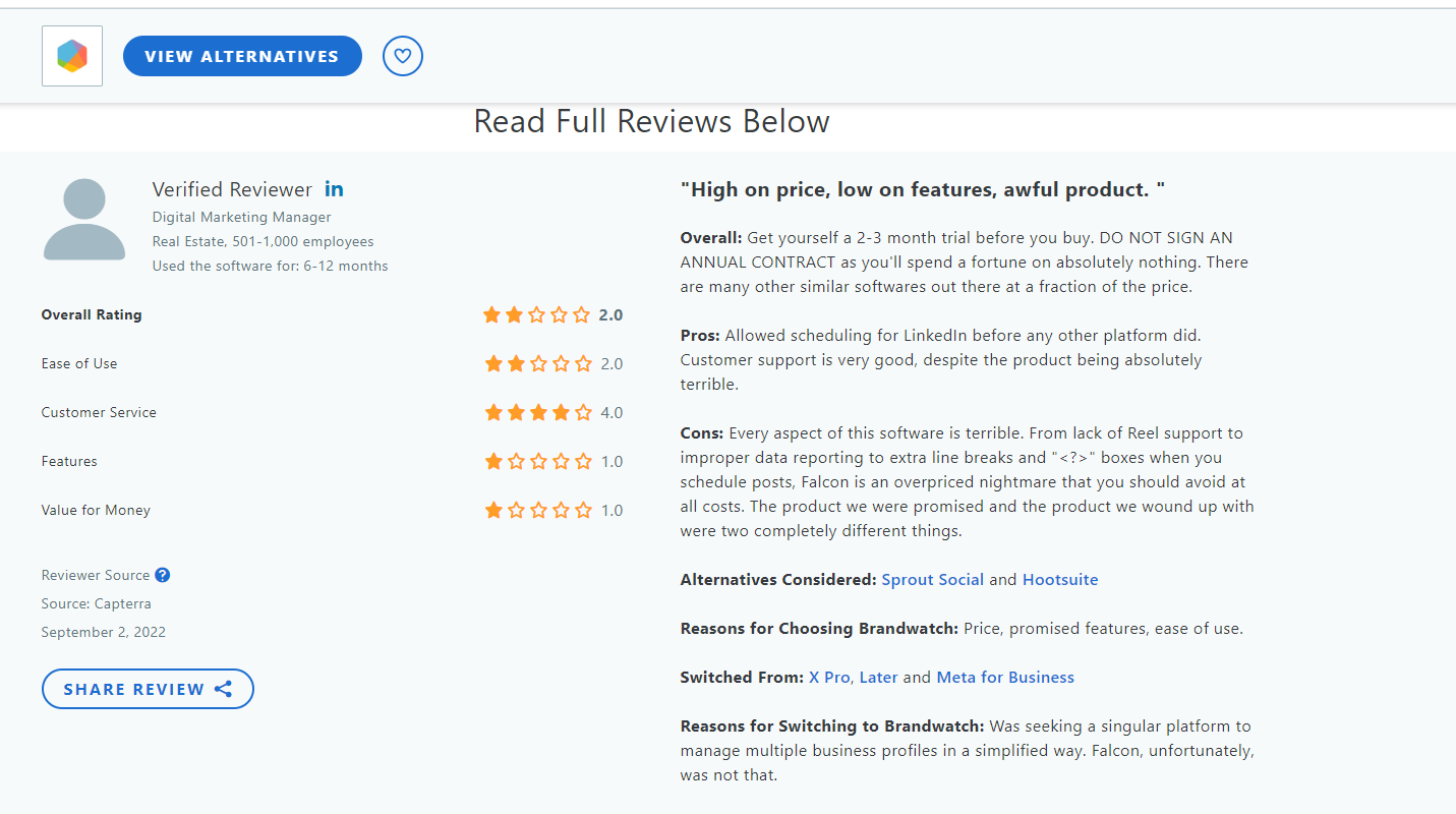 Brandwatch’s review on Capterra