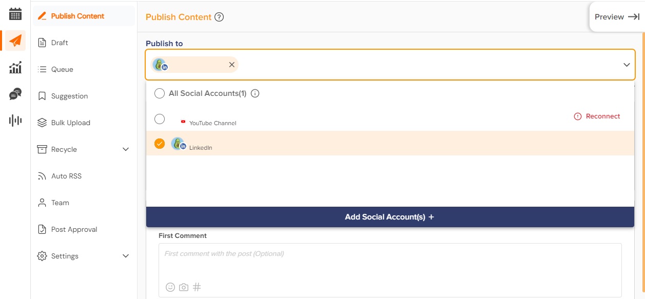 Choose your account on Social Champ dashboard