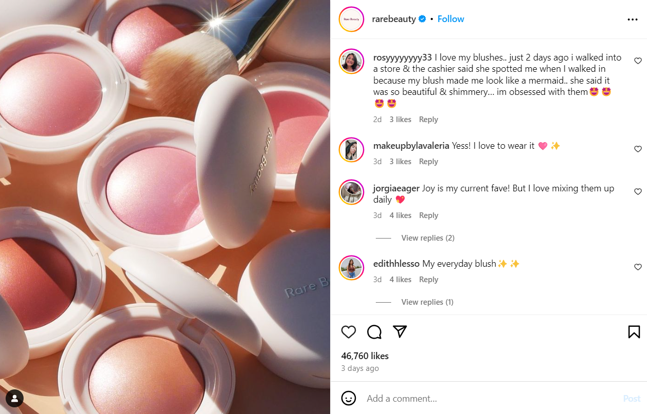 Customers' satisfactory comments on Rare Beauty's Instagram post