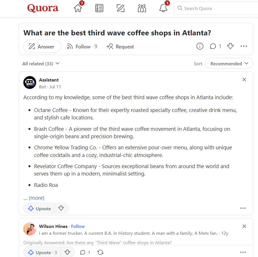 Indirect marketing of coffee shops on Quora