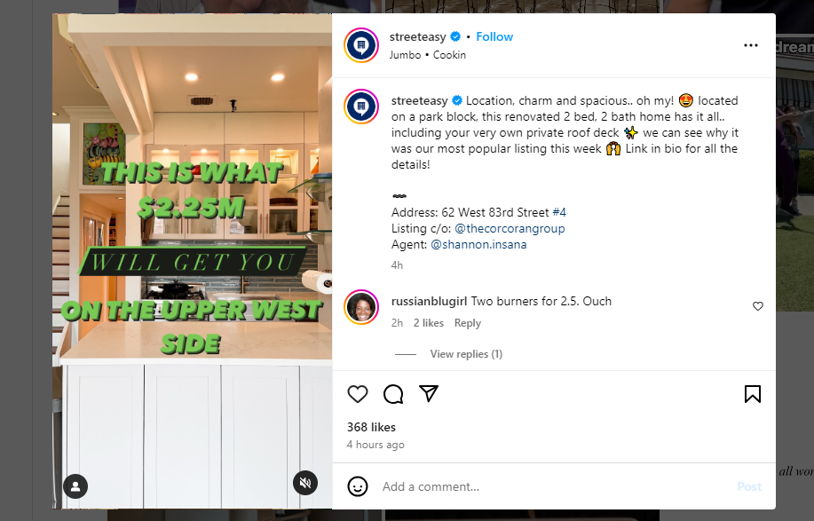 Marketing on Instagram by Streeteasy