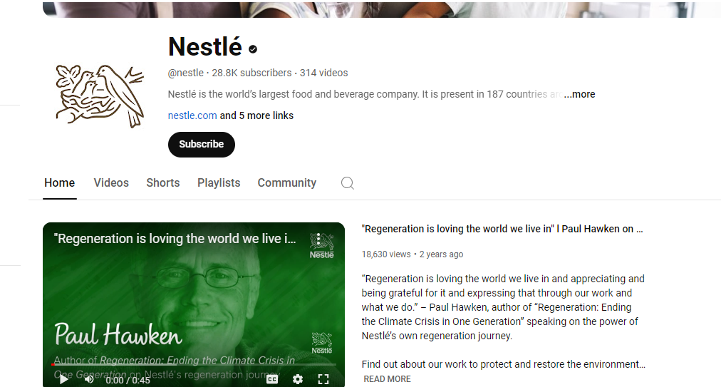 Nestle's YouTube page.