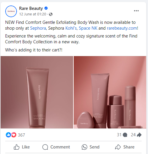 Rare Beauty's social media marketing on Facebook