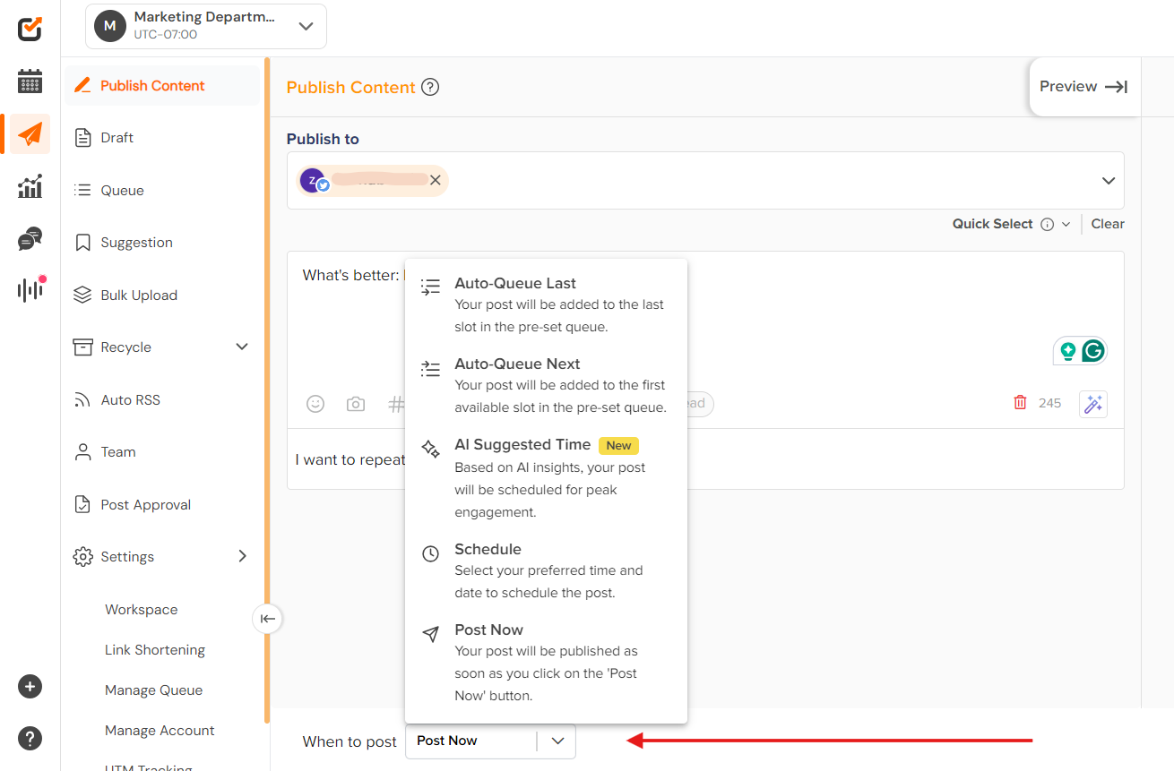 Scheduling post on Twitter with Social Champ