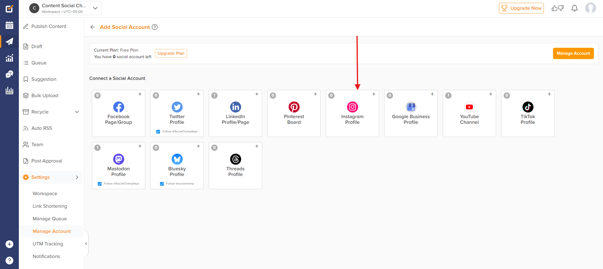 Select Instagram profile to connect Instagram with Social Champ