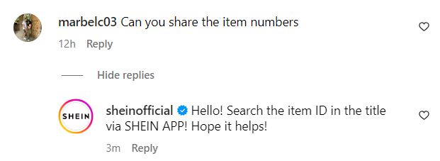 Shein replying to its customer on Instagram