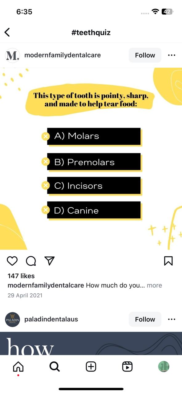 Snapshot from an Instagram quiz post by modernfamilydentalcare