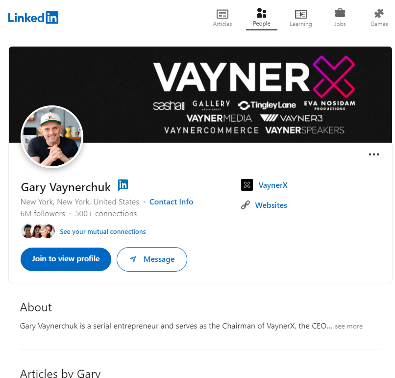 Snapshot of Gary Vaynerchuk's LinkedIn profile