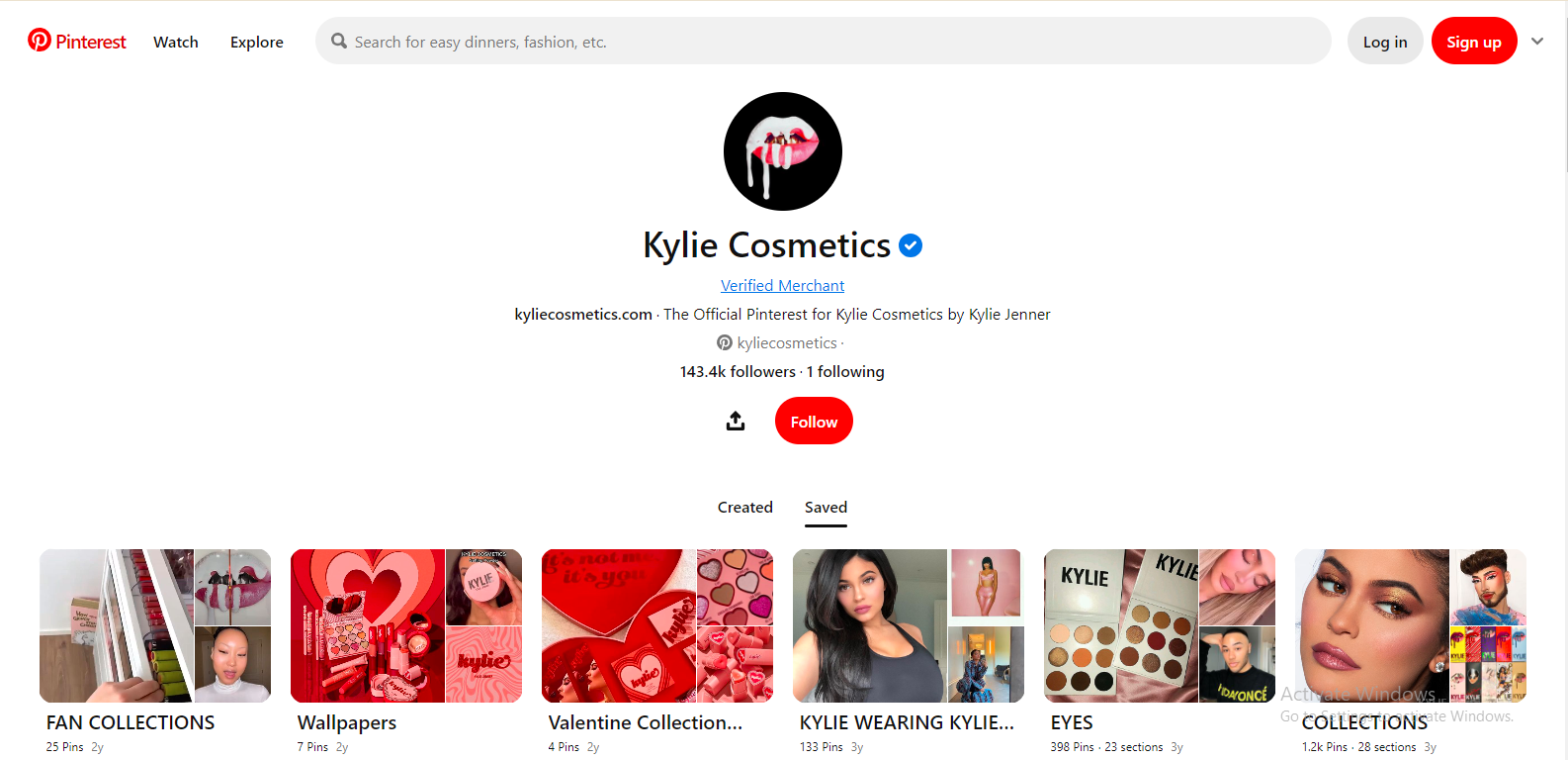 Snapshot of Kylie Cosmetics' Pinterest profile