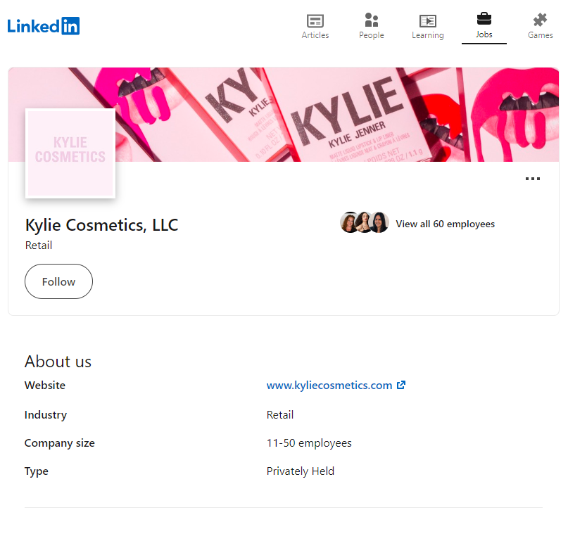 Snapshot of Kylie Cosmetics on LinkedIn