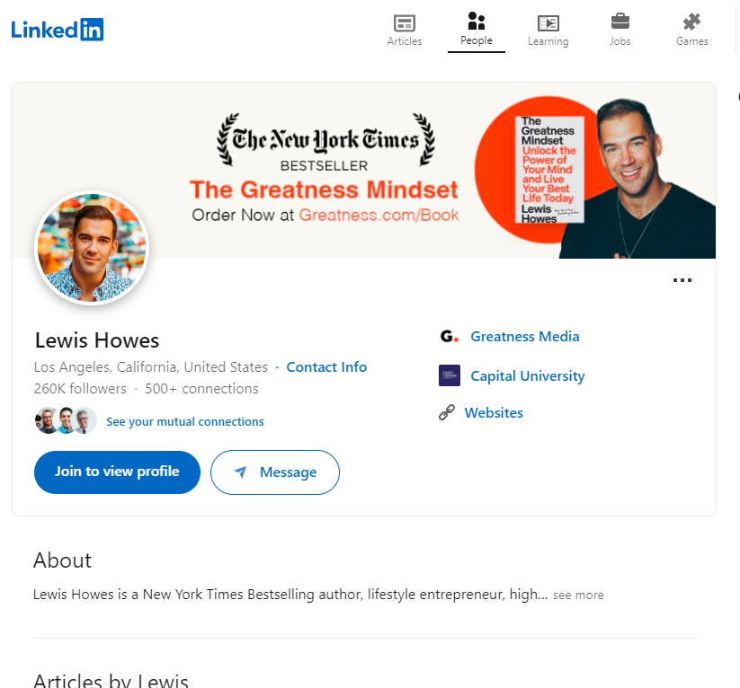 Snapshot of Lewis Howes' LinkedIn profile