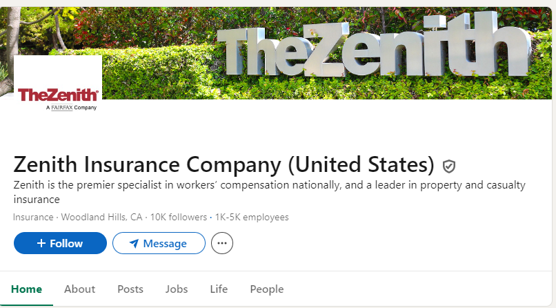 Snapshot of LinkedIn profile of Zenith Insurance Company