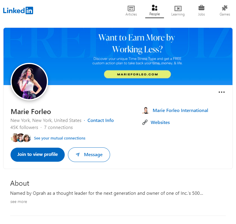 Snapshot of Marie Forleo's LinkedIn profile