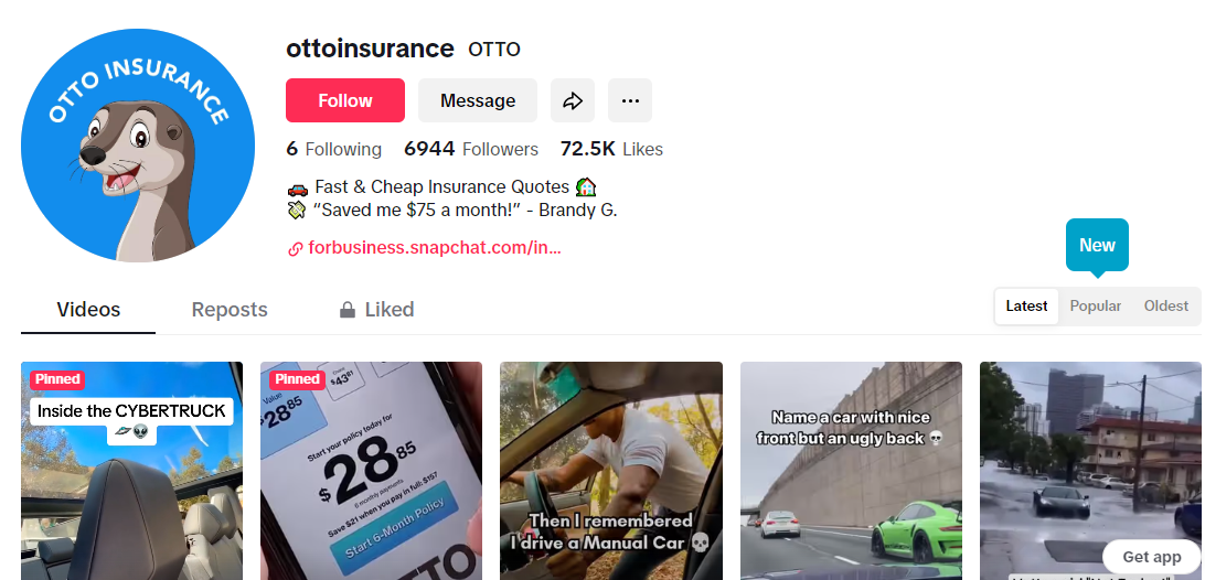 Snapshot of TikTok profile of OTTO INSURANCE