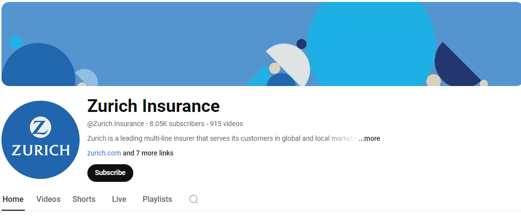 Snapshot of YouTube channel of Zurich Insurance