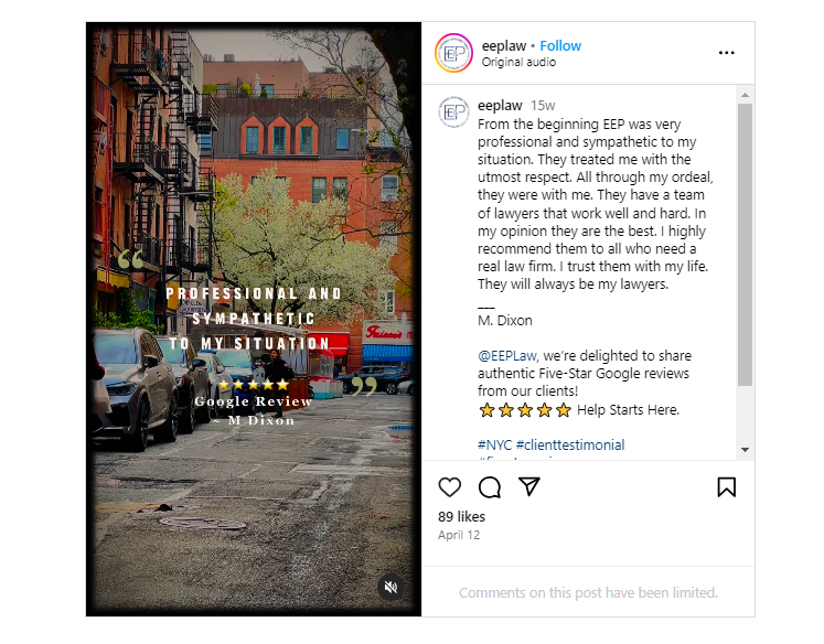 Snapshot of a client testimonial on Instagram shared by eeplaw